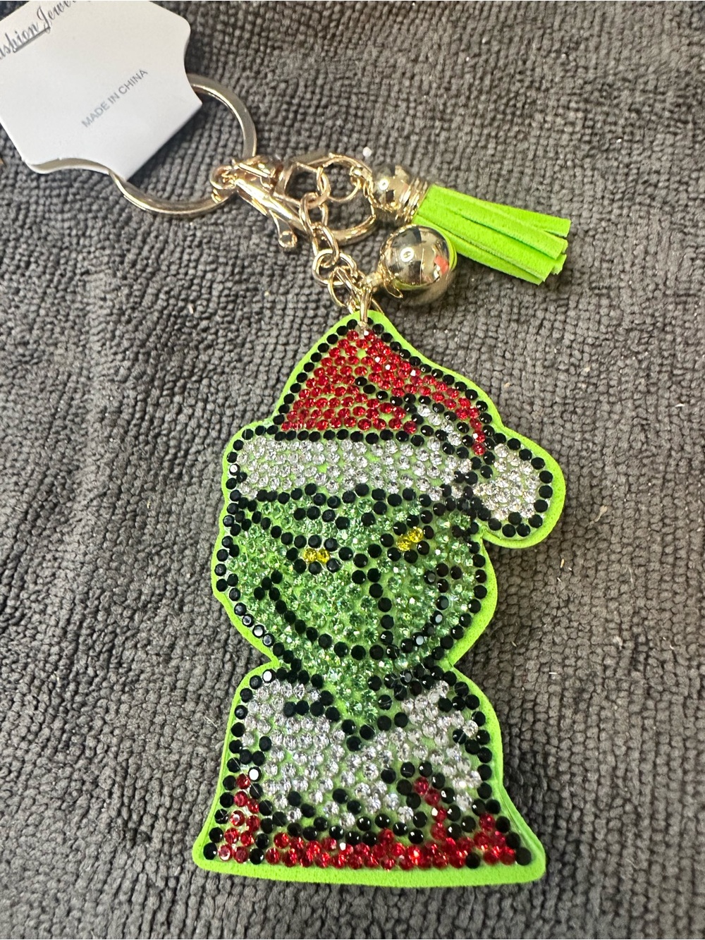 Green Rhinestone Grinch Keychain with Neon Tassel